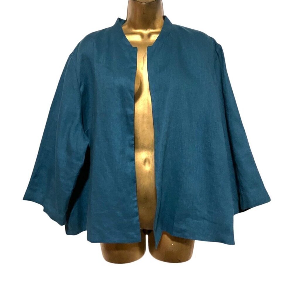 Vivid Linen Jacket 3X Blazer Kimono Sleeves Crop Open Front Lagenlook 100% Linen
